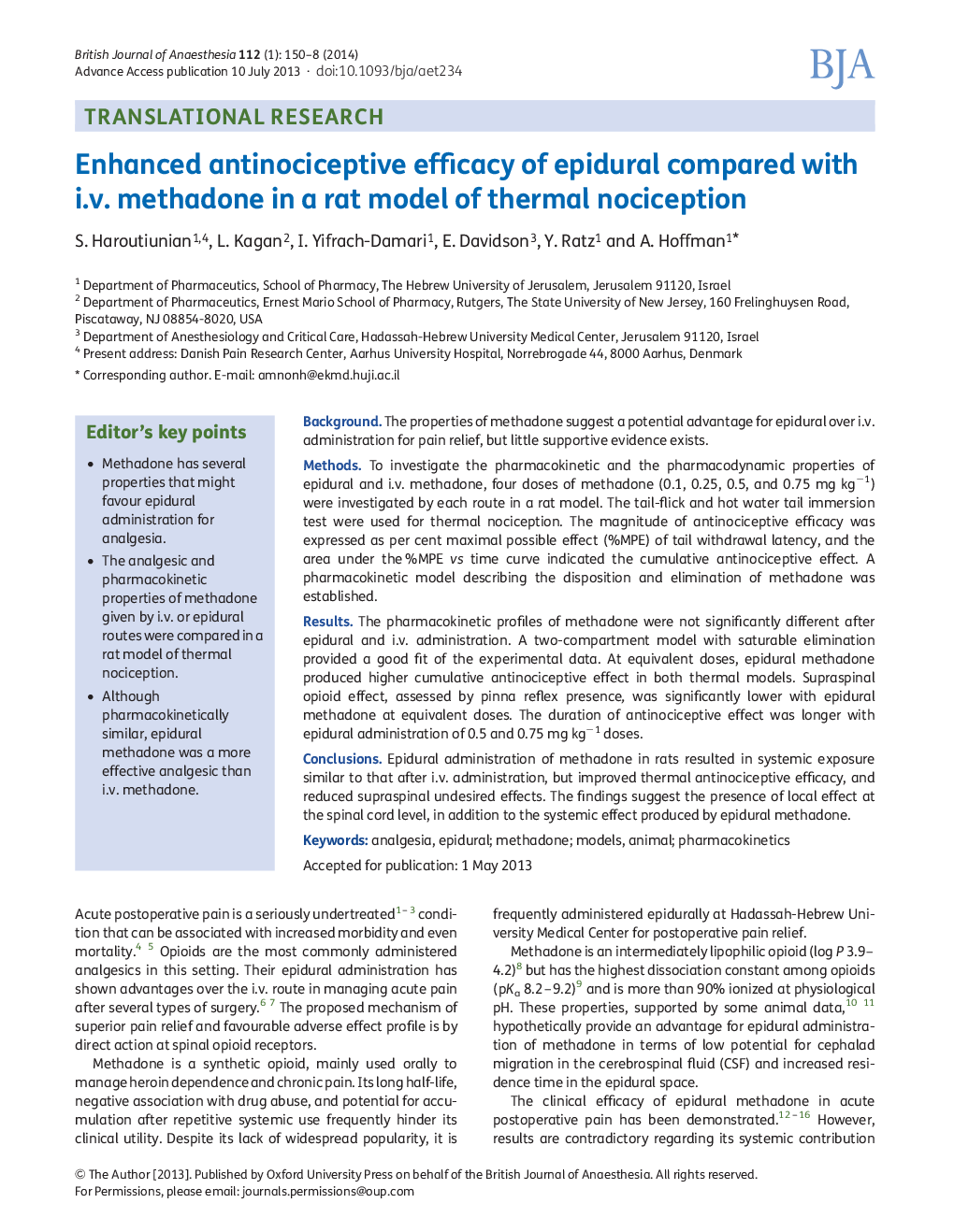 Enhanced antinociceptive efficacy of epidural compared with i.v. methadone in a rat model of thermal nociception