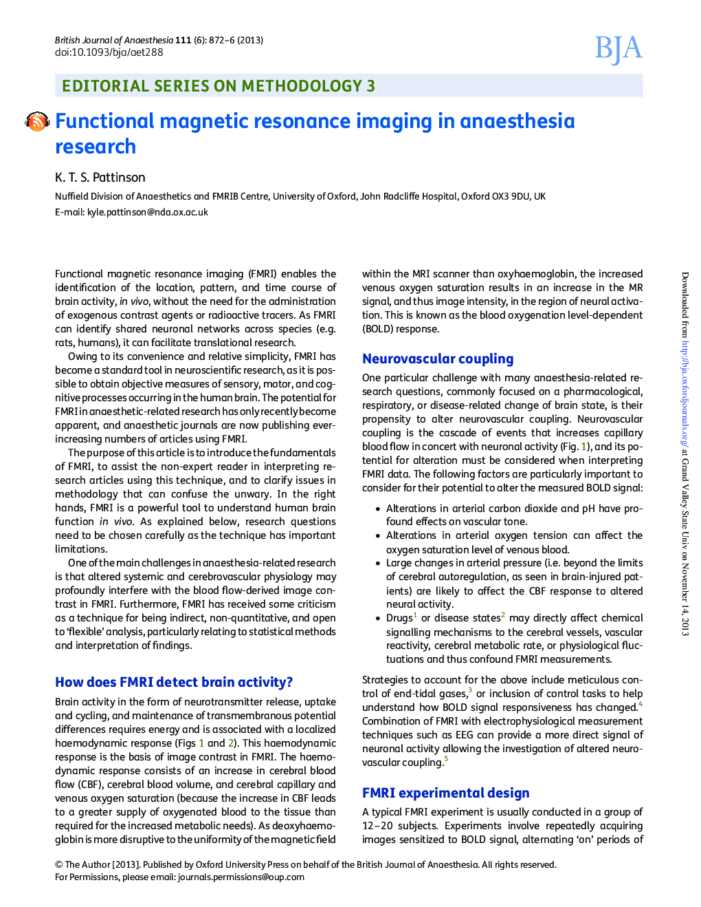 Functional magnetic resonance imaging in anaesthesia research