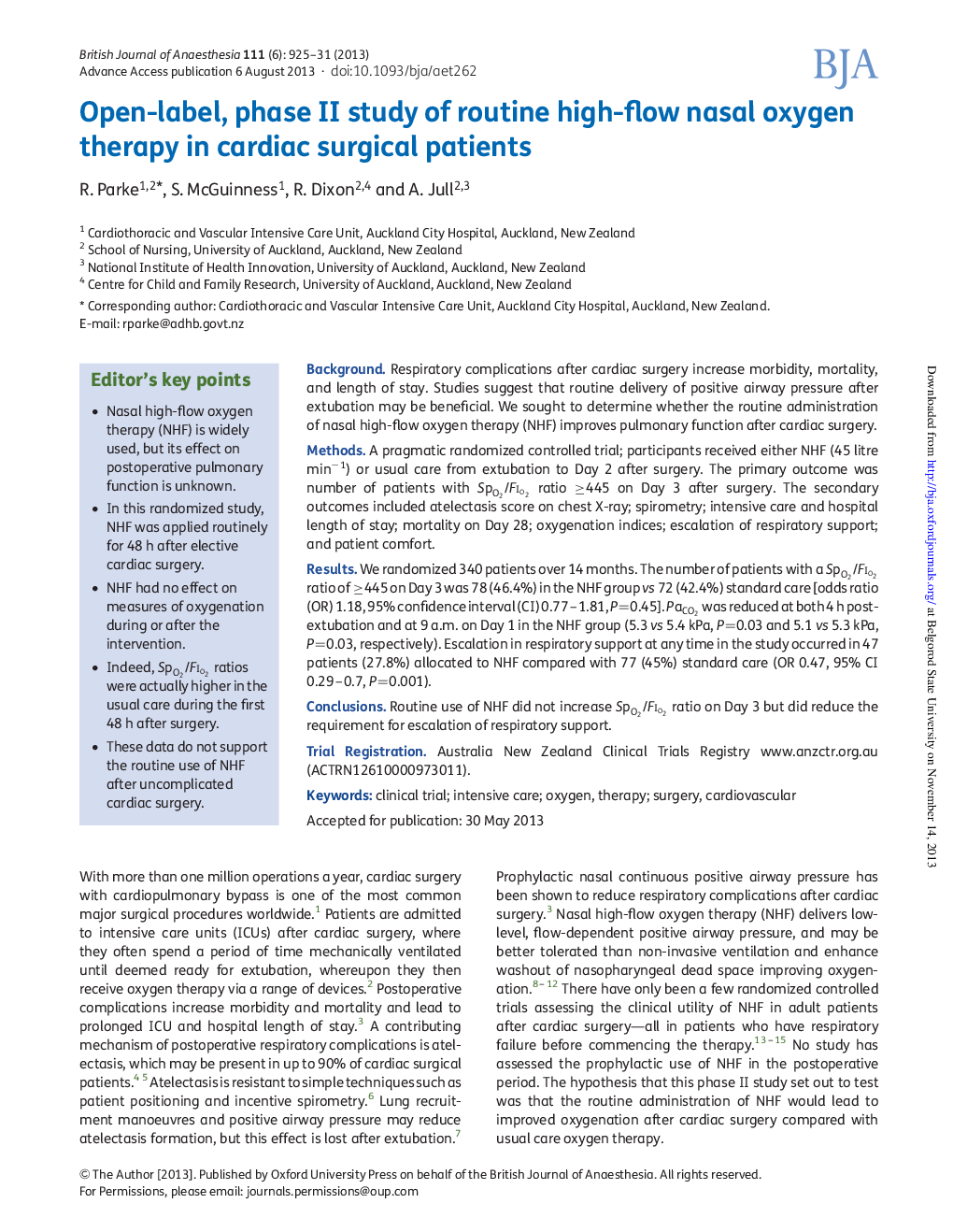 Open-label, phase II study of routine high-flow nasal oxygen therapy in cardiac surgical patients