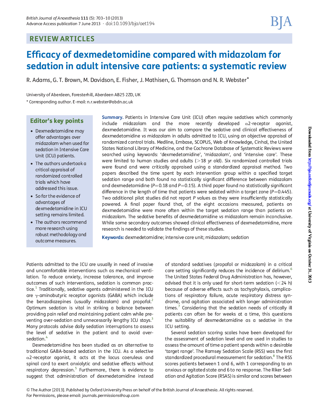 Efficacy of dexmedetomidine compared with midazolam for sedation in adult intensive care patients: a systematic review