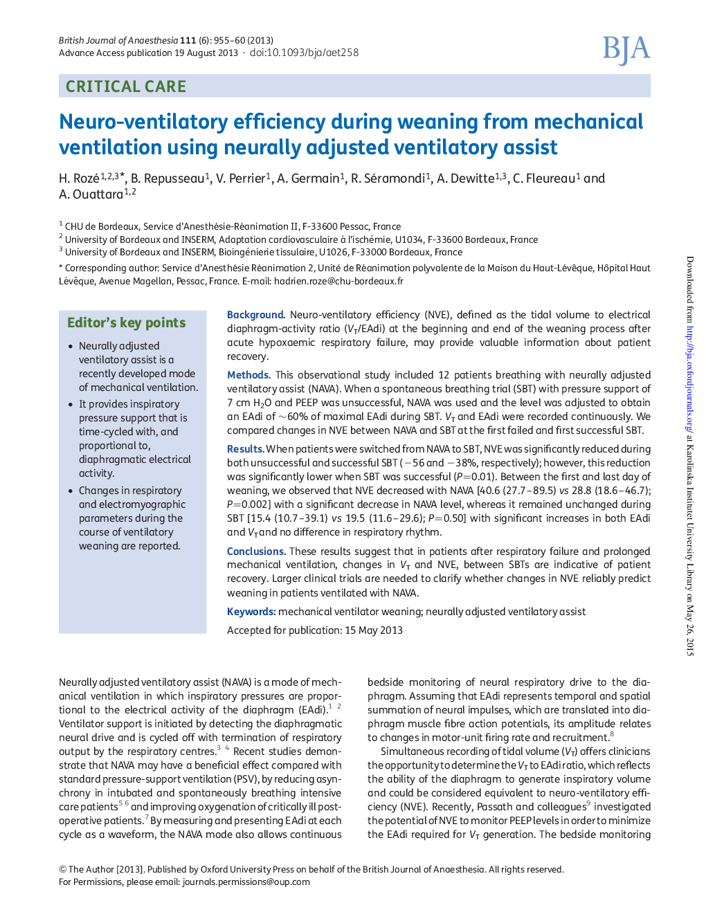 Neuro-ventilatory efficiency during weaning from mechanical ventilation using neurally adjusted ventilatory assist