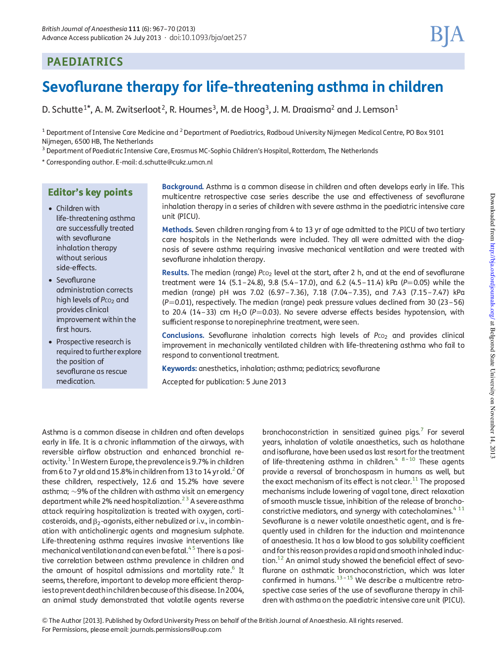 Sevoflurane therapy for life-threatening asthma in children