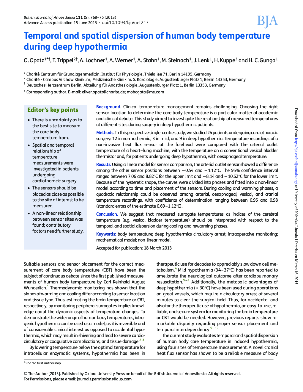 Temporal and spatial dispersion of human body temperature during deep hypothermia