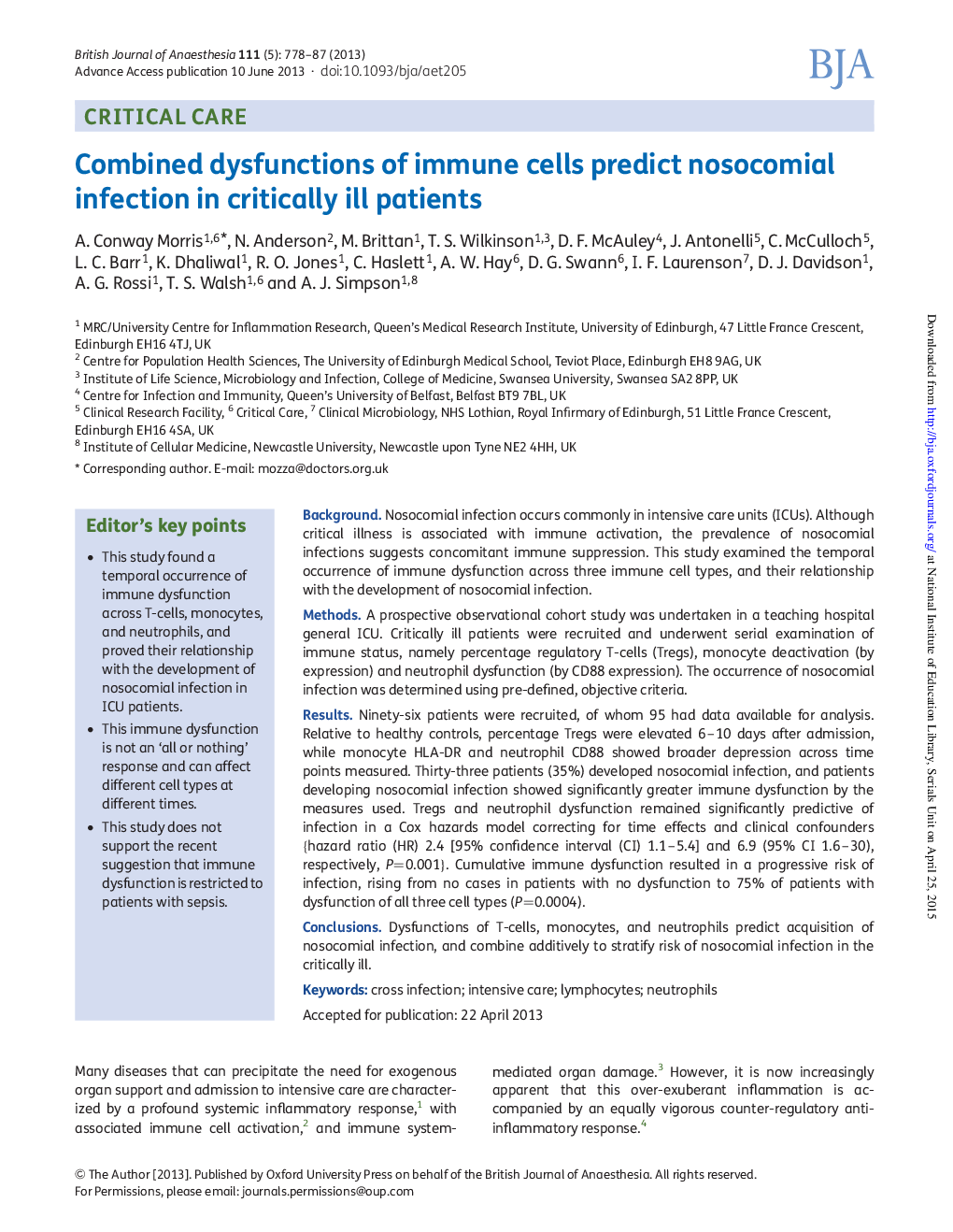 Combined dysfunctions of immune cells predict nosocomial infection in critically ill patients