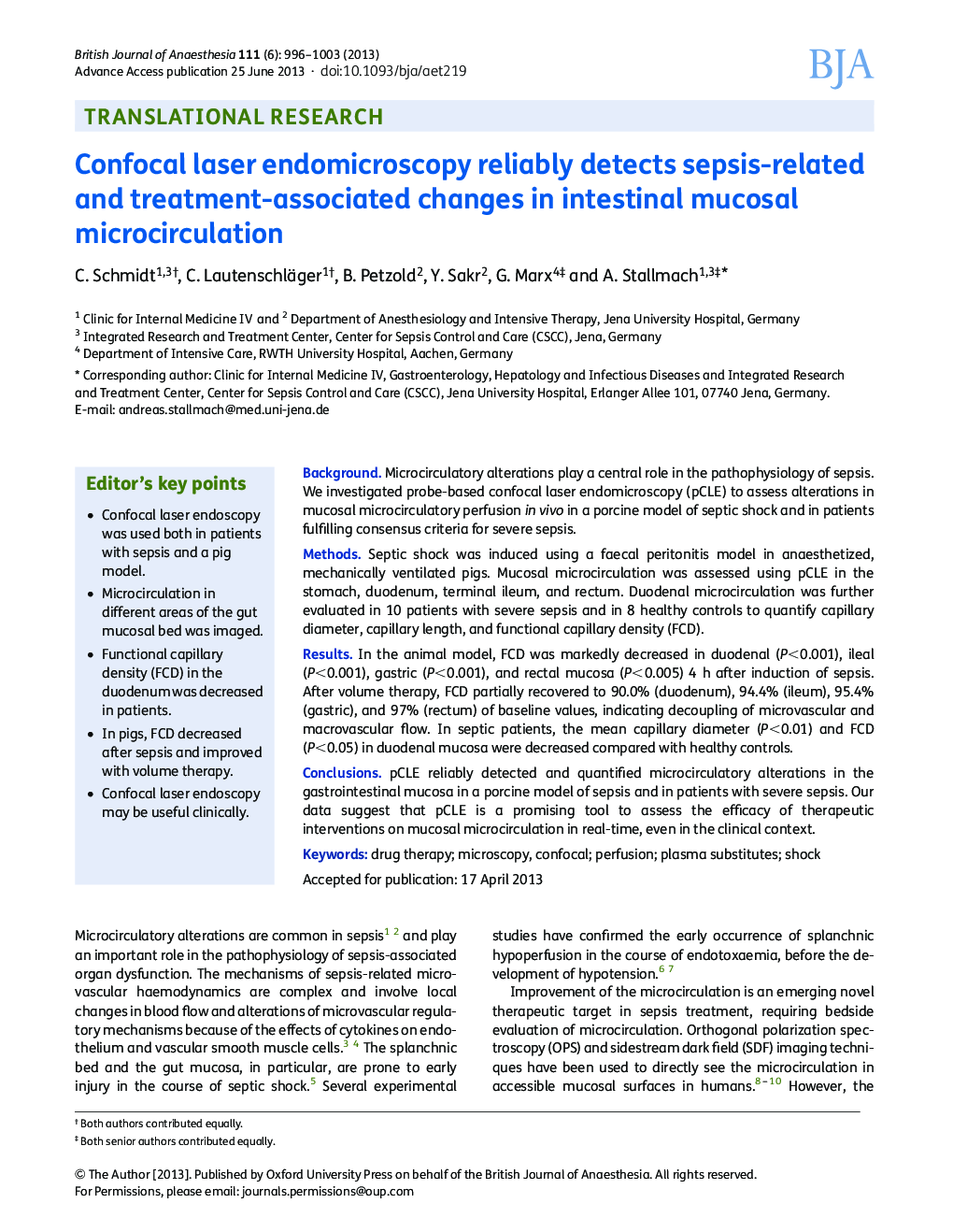 Confocal laser endomicroscopy reliably detects sepsis-related and treatment-associated changes in intestinal mucosal microcirculation