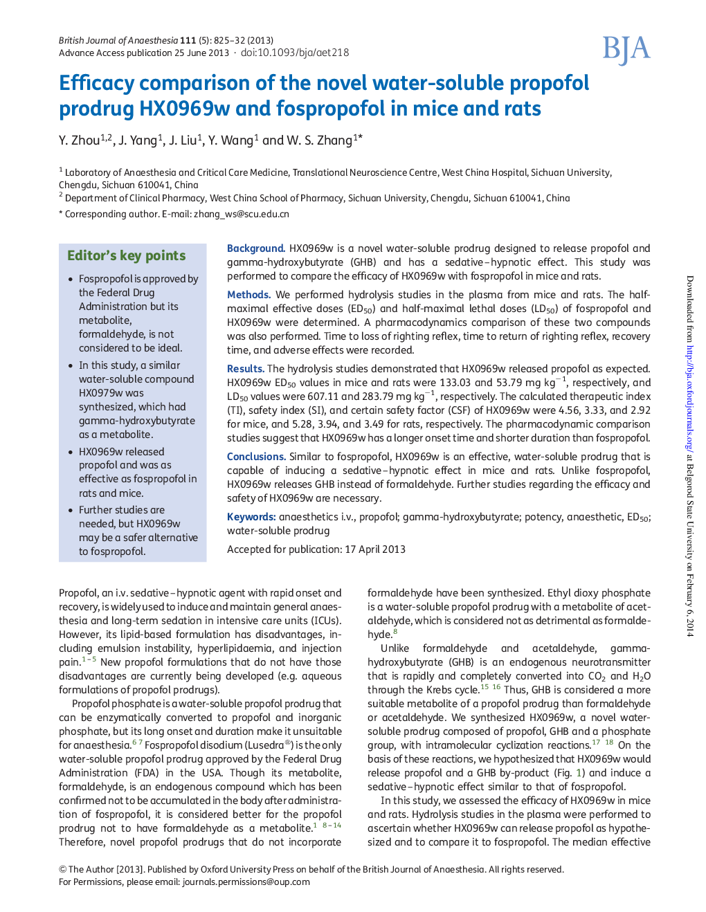 Efficacy comparison of the novel water-soluble propofol prodrug HX0969w and fospropofol in mice and rats