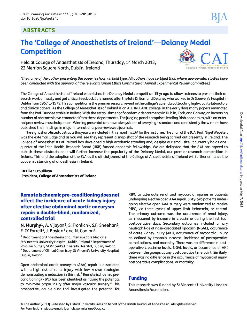 The 'College of Anaesthetists of Ireland'-Delaney Medal Competition