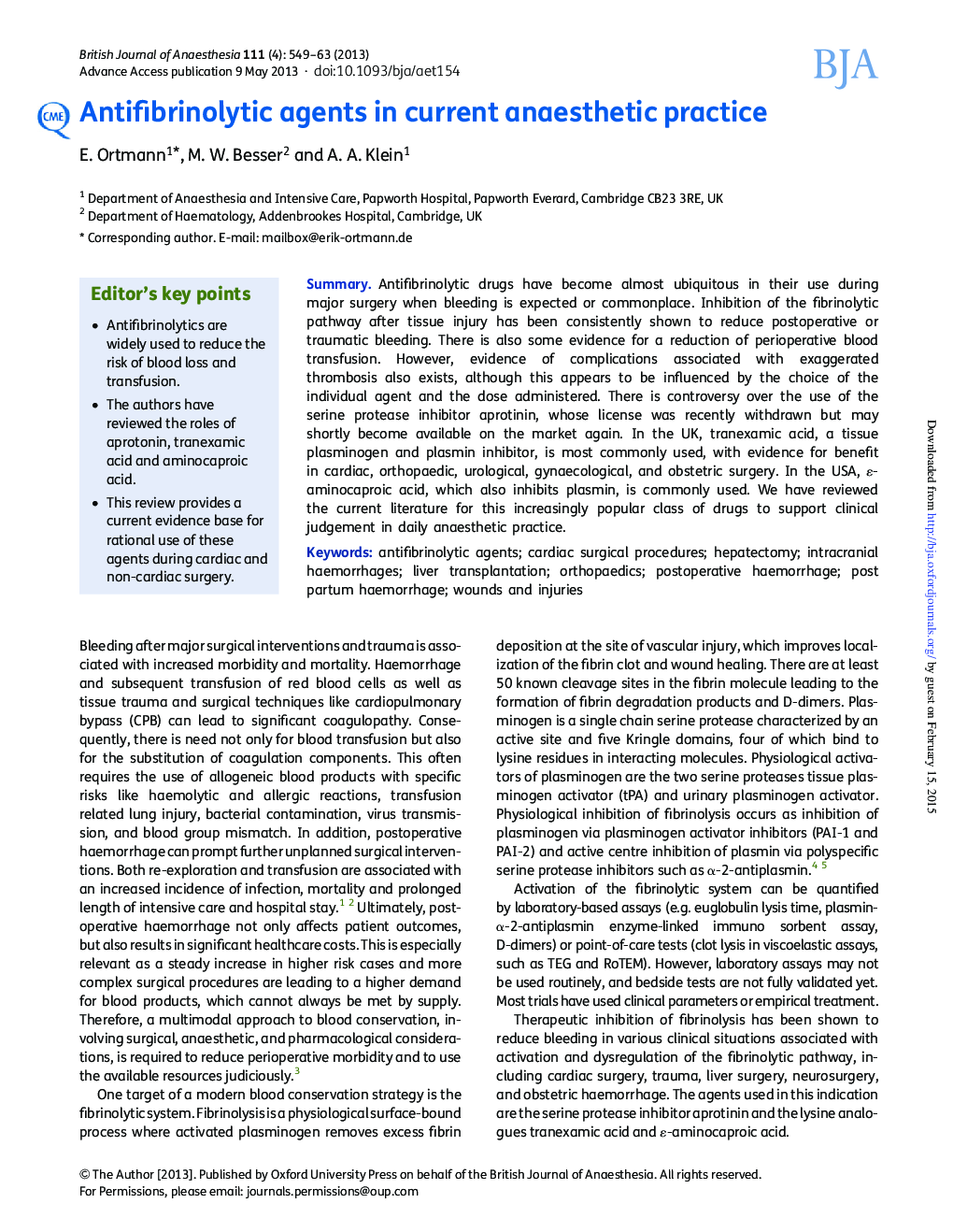 Antifibrinolytic agents in current anaesthetic practice