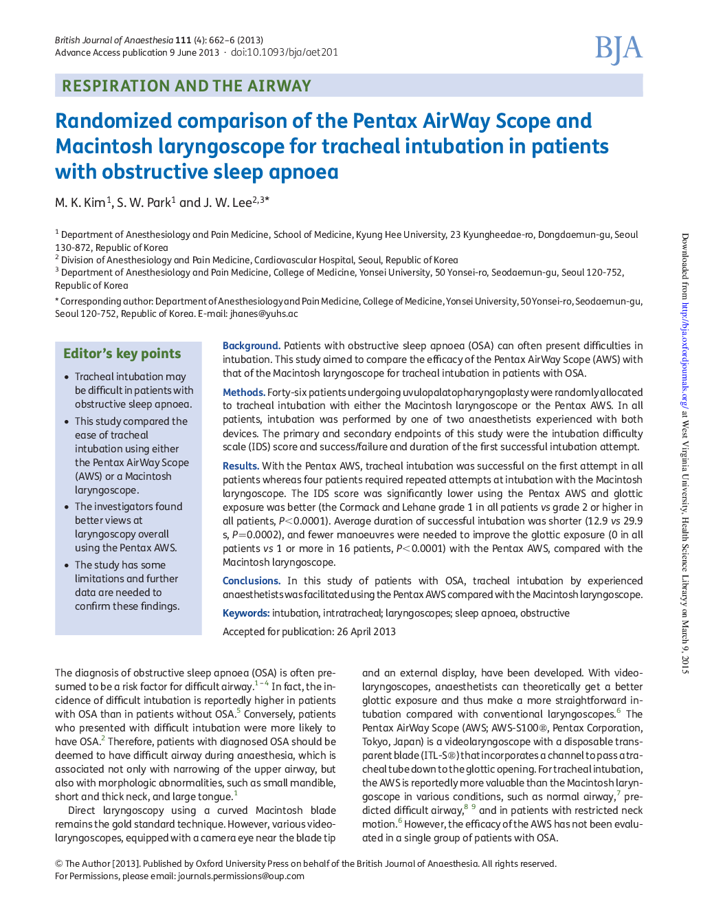 Randomized comparison of the Pentax AirWay Scope and Macintosh laryngoscope for tracheal intubation in patients with obstructive sleep apnoea