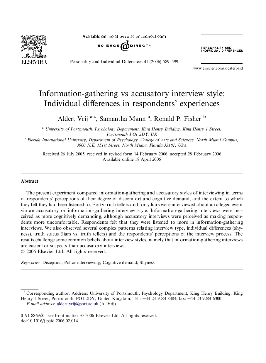 Information-gathering vs accusatory interview style: Individual differences in respondents’ experiences