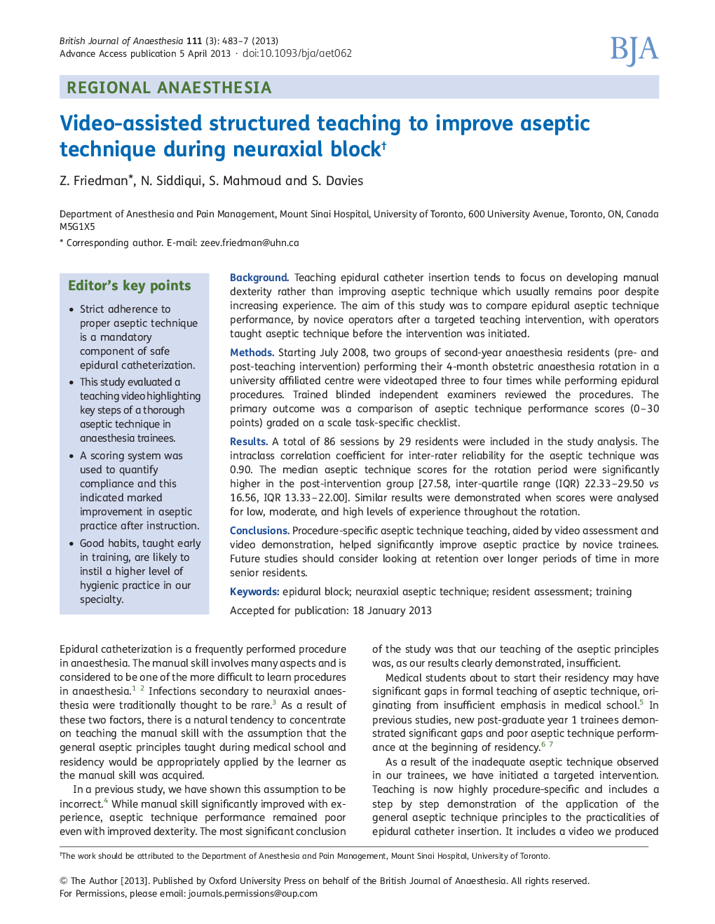 Video-assisted structured teaching to improve aseptic technique during neuraxial blockâ 