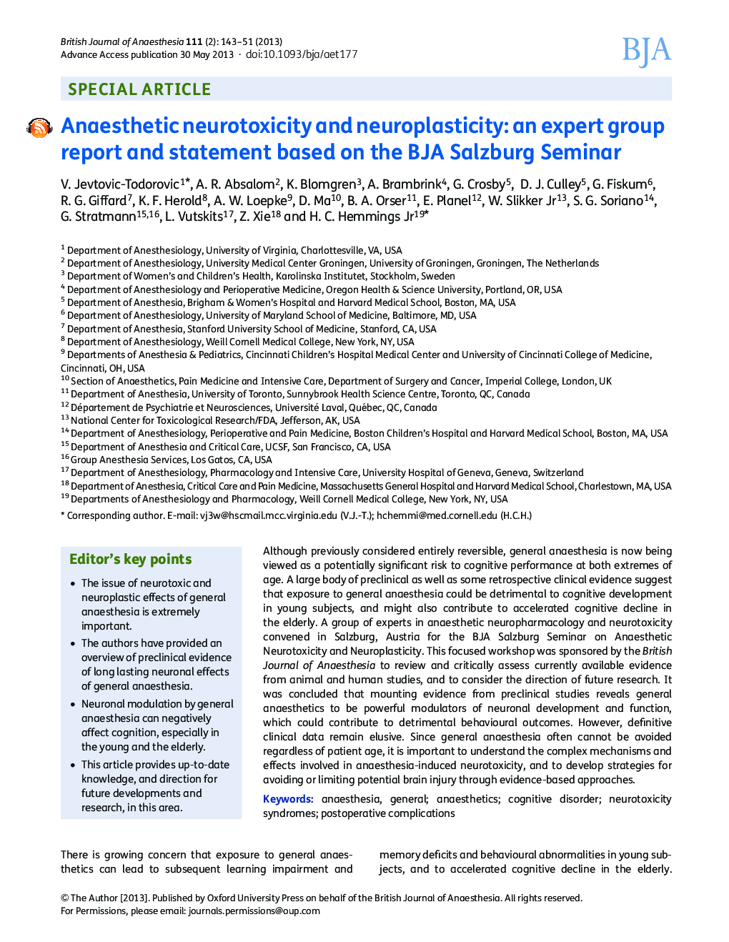 Anaesthetic neurotoxicity and neuroplasticity: an expert group report and statement based on the BJA Salzburg Seminar