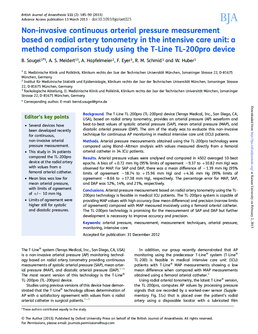 Non-invasive continuous arterial pressure measurement based on radial artery tonometry in the intensive care unit: a method comparison study using the T-Line TL-200pro device