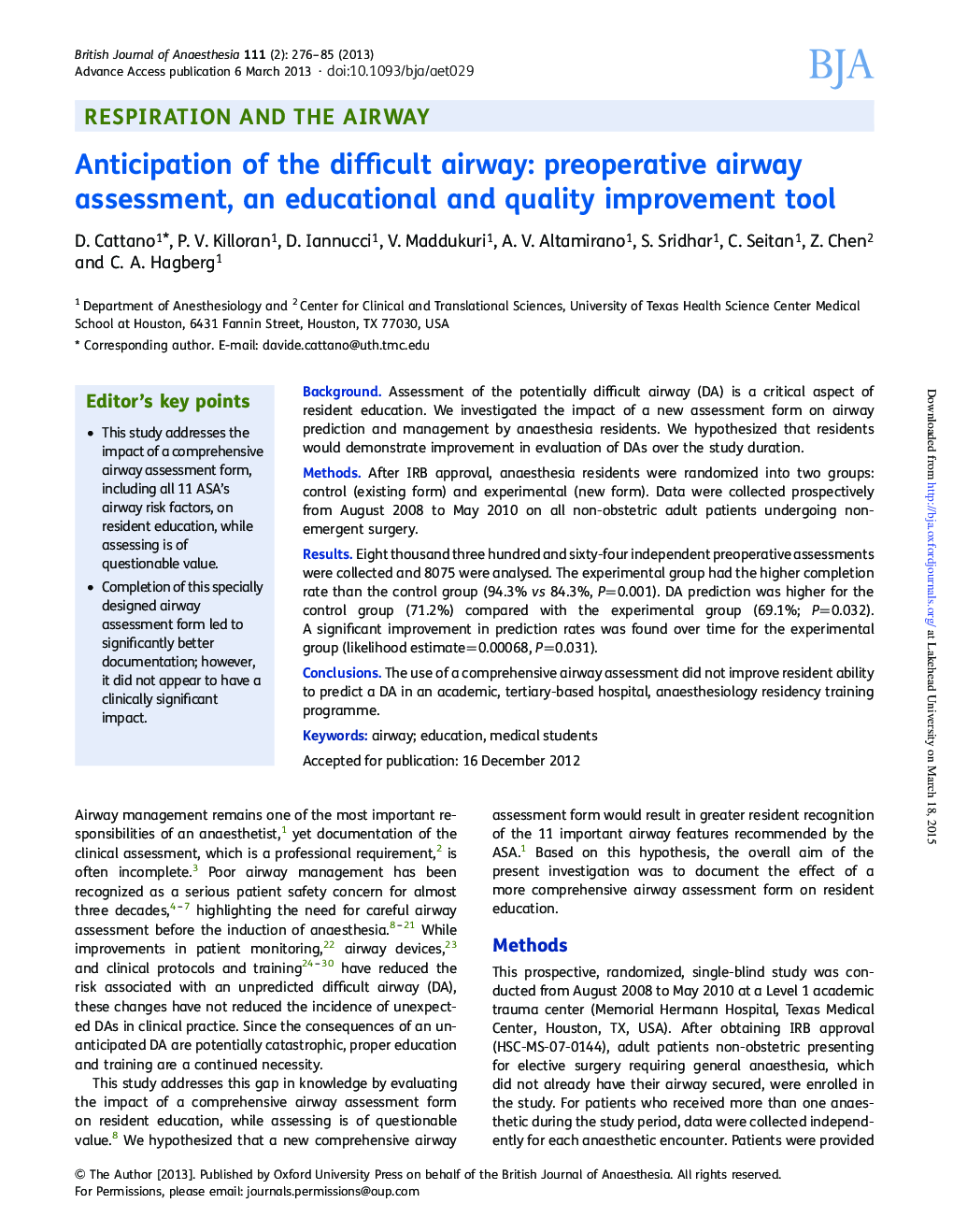 Anticipation of the difficult airway: preoperative airway assessment, an educational and quality improvement tool