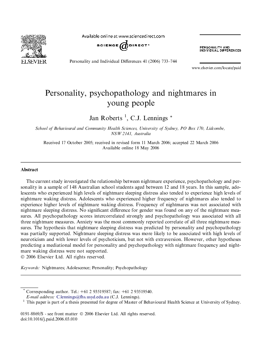 Personality, psychopathology and nightmares in young people