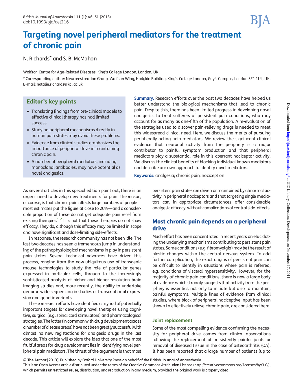 Targeting novel peripheral mediators for the treatment of chronic pain