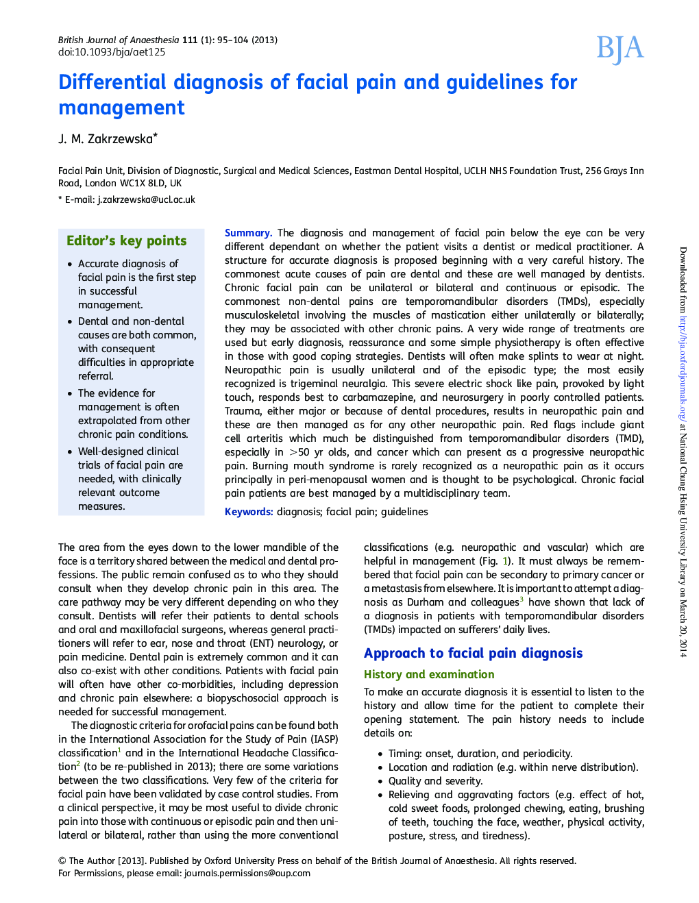 Differential diagnosis of facial pain and guidelines for management