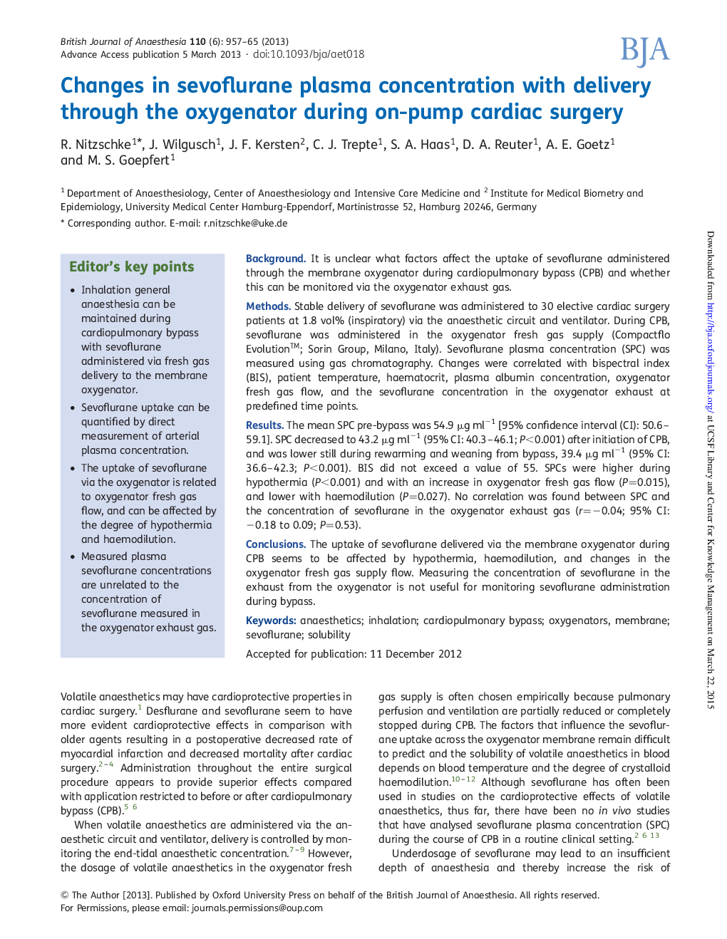 Changes in sevoflurane plasma concentration with delivery through the oxygenator during on-pump cardiac surgery