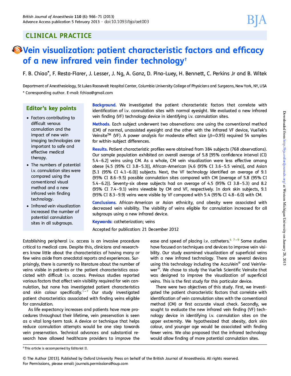 Vein visualization: patient characteristic factors and efficacy of a new infrared vein finder technologyâ 