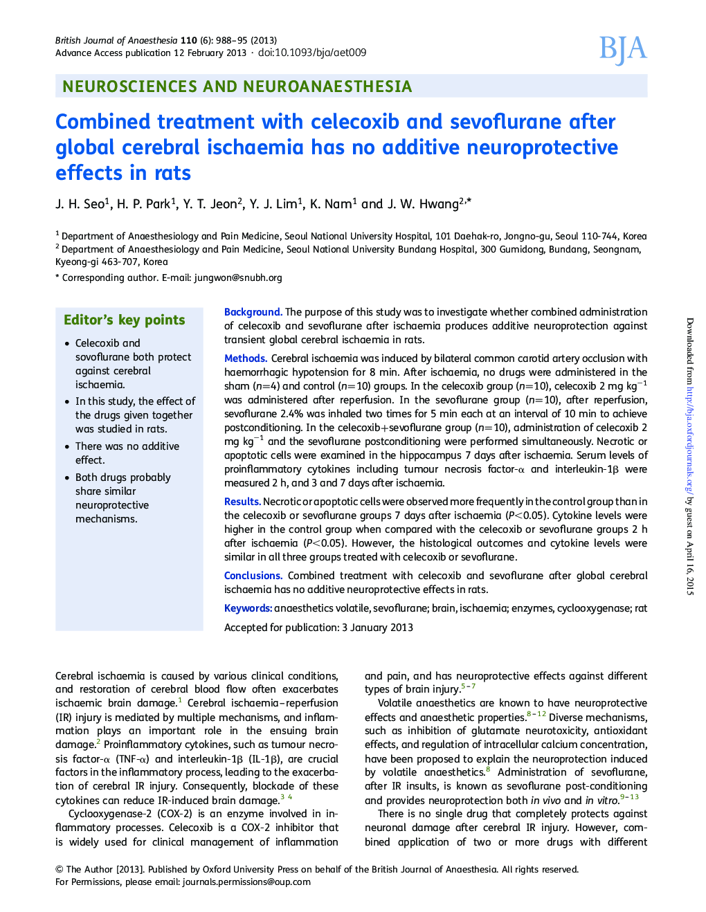 Combined treatment with celecoxib and sevoflurane after global cerebral ischaemia has no additive neuroprotective effects in rats