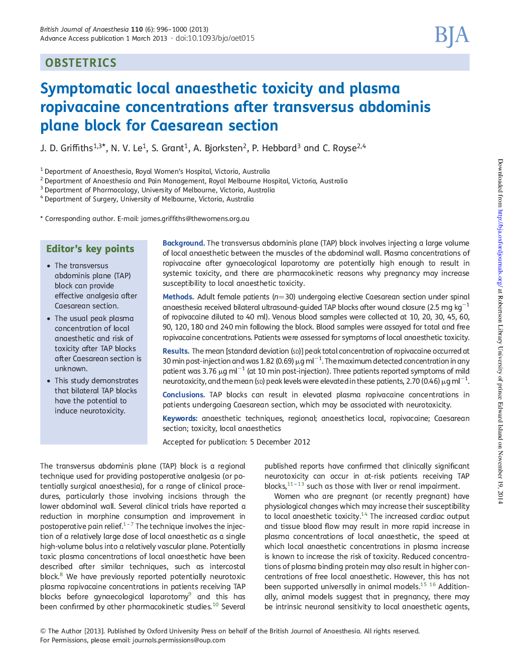 Symptomatic local anaesthetic toxicity and plasma ropivacaine concentrations after transversus abdominis plane block for Caesarean section