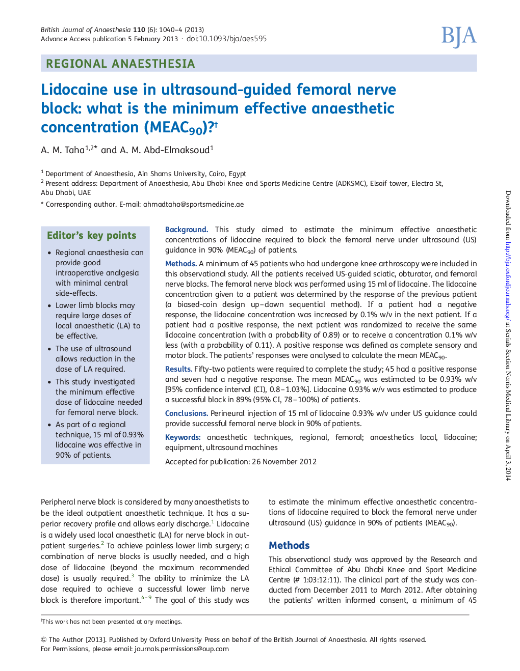 Lidocaine use in ultrasound-guided femoral nerve block: what is the minimum effective anaesthetic concentration (MEAC90)?â 