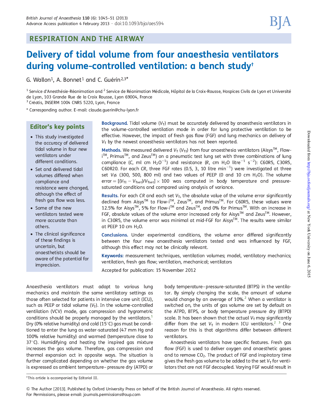 Delivery of tidal volume from four anaesthesia ventilators during volume-controlled ventilation: a bench studyâ 