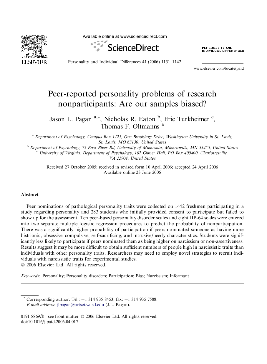 Peer-reported personality problems of research nonparticipants: Are our samples biased?