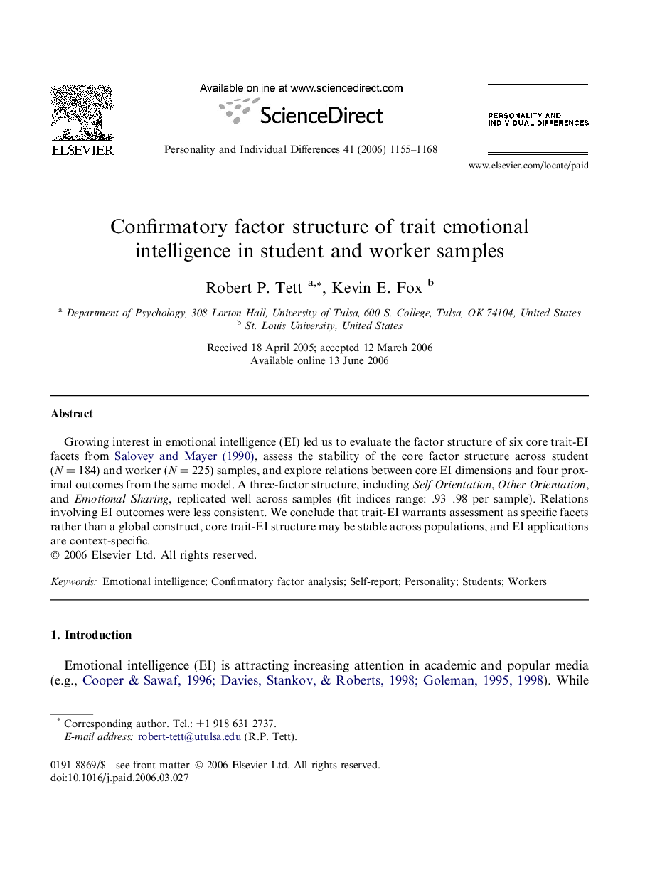 Confirmatory factor structure of trait emotional intelligence in student and worker samples