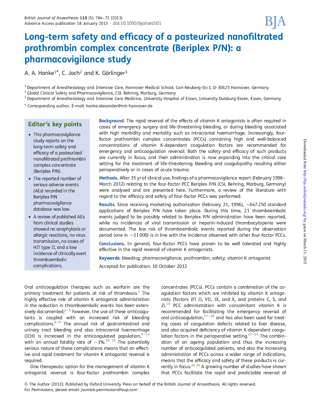 Long-term safety and efficacy of a pasteurized nanofiltrated prothrombin complex concentrate (Beriplex P/N): a pharmacovigilance study