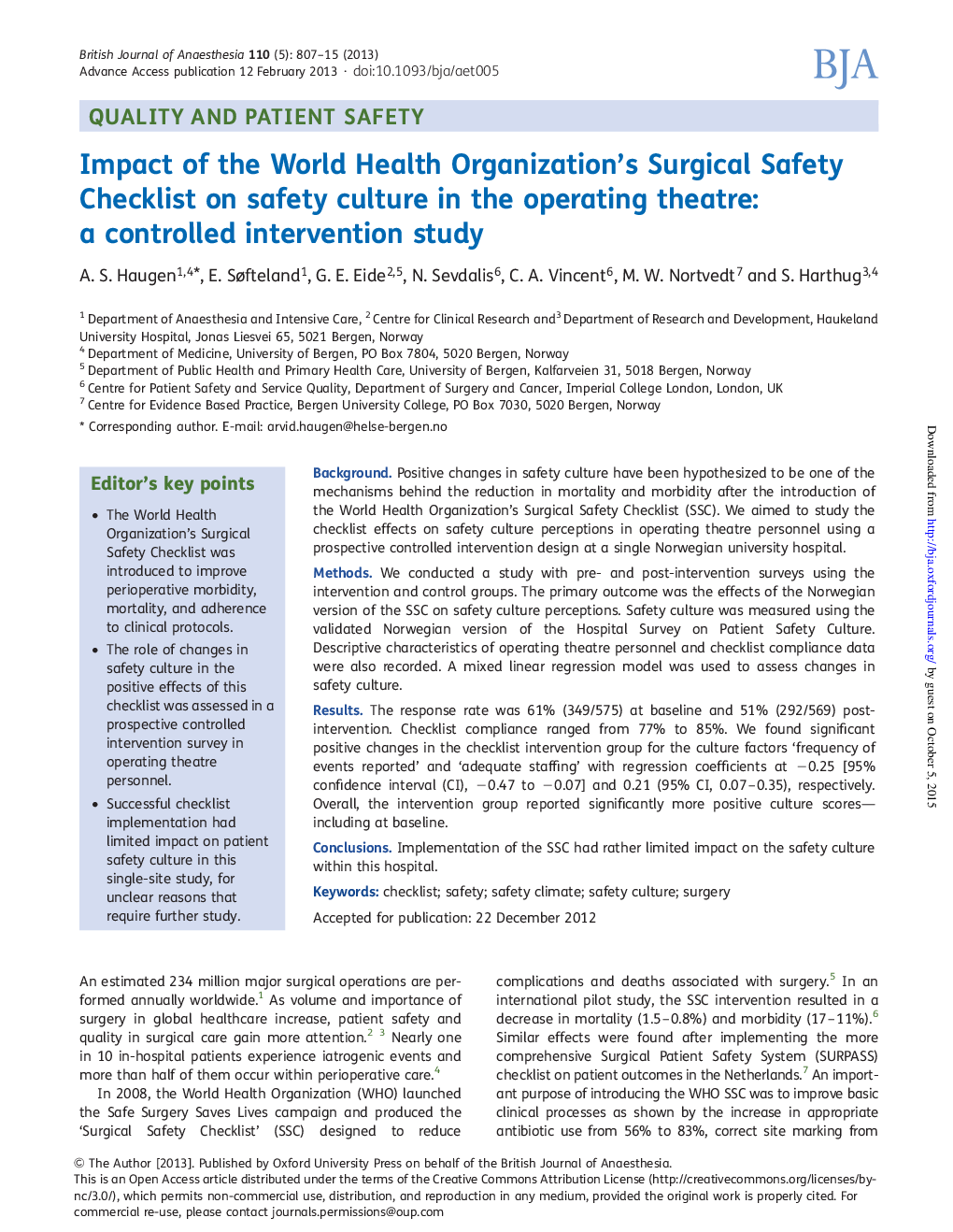 Impact of the World Health Organization's Surgical Safety Checklist on safety culture in the operating theatre: a controlled intervention study