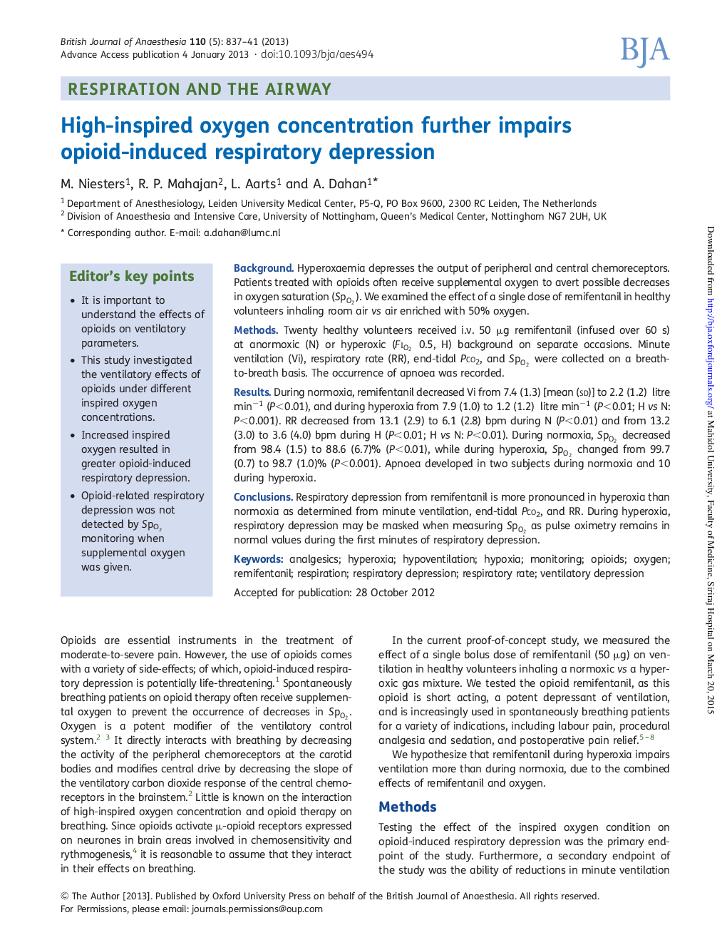 High-inspired oxygen concentration further impairs opioid-induced respiratory depression