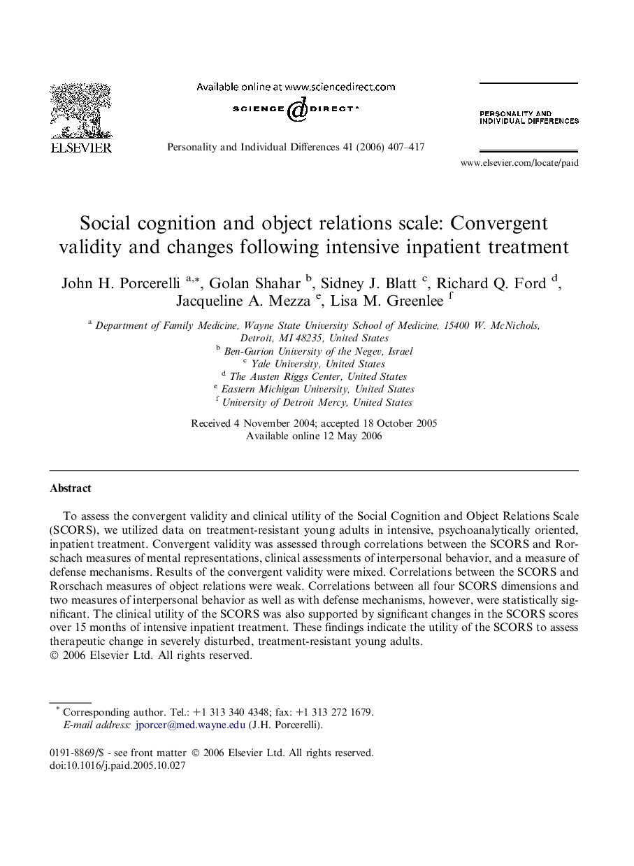 Social cognition and object relations scale: Convergent validity and changes following intensive inpatient treatment