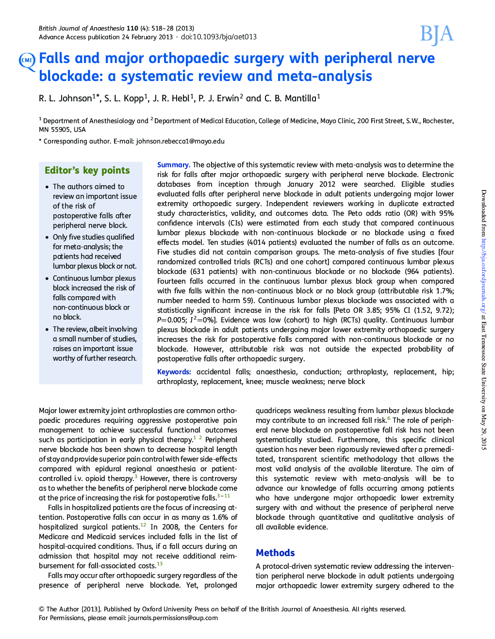 Falls and major orthopaedic surgery with peripheral nerve blockade: a systematic review and meta-analysis