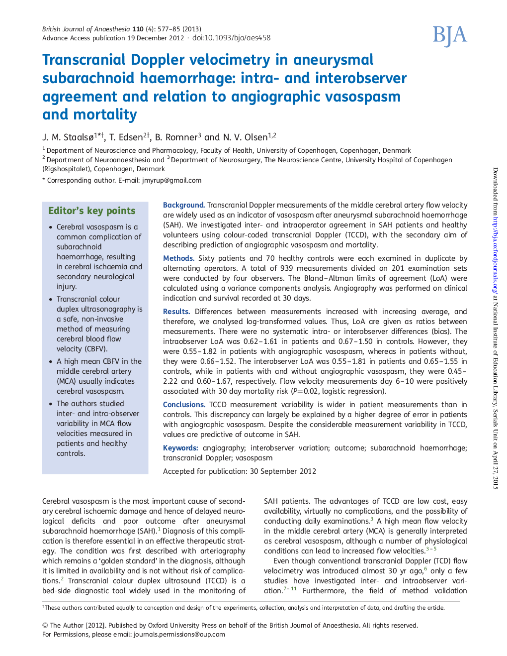 Transcranial Doppler velocimetry in aneurysmal subarachnoid haemorrhage: intra- and interobserver agreement and relation to angiographic vasospasm and mortality