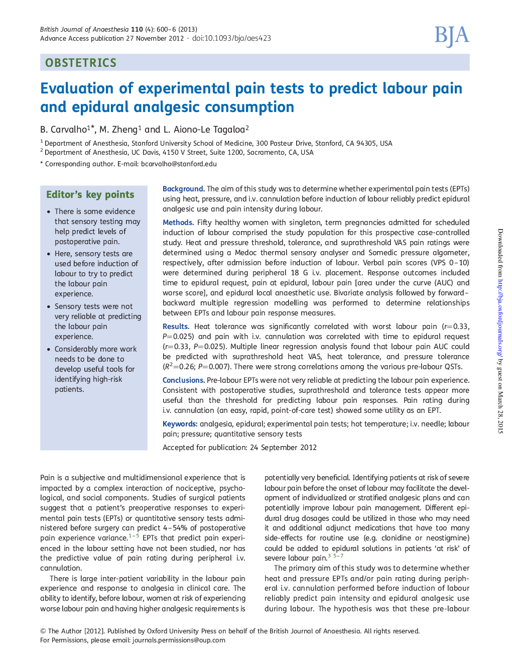 Evaluation of experimental pain tests to predict labour pain and epidural analgesic consumption