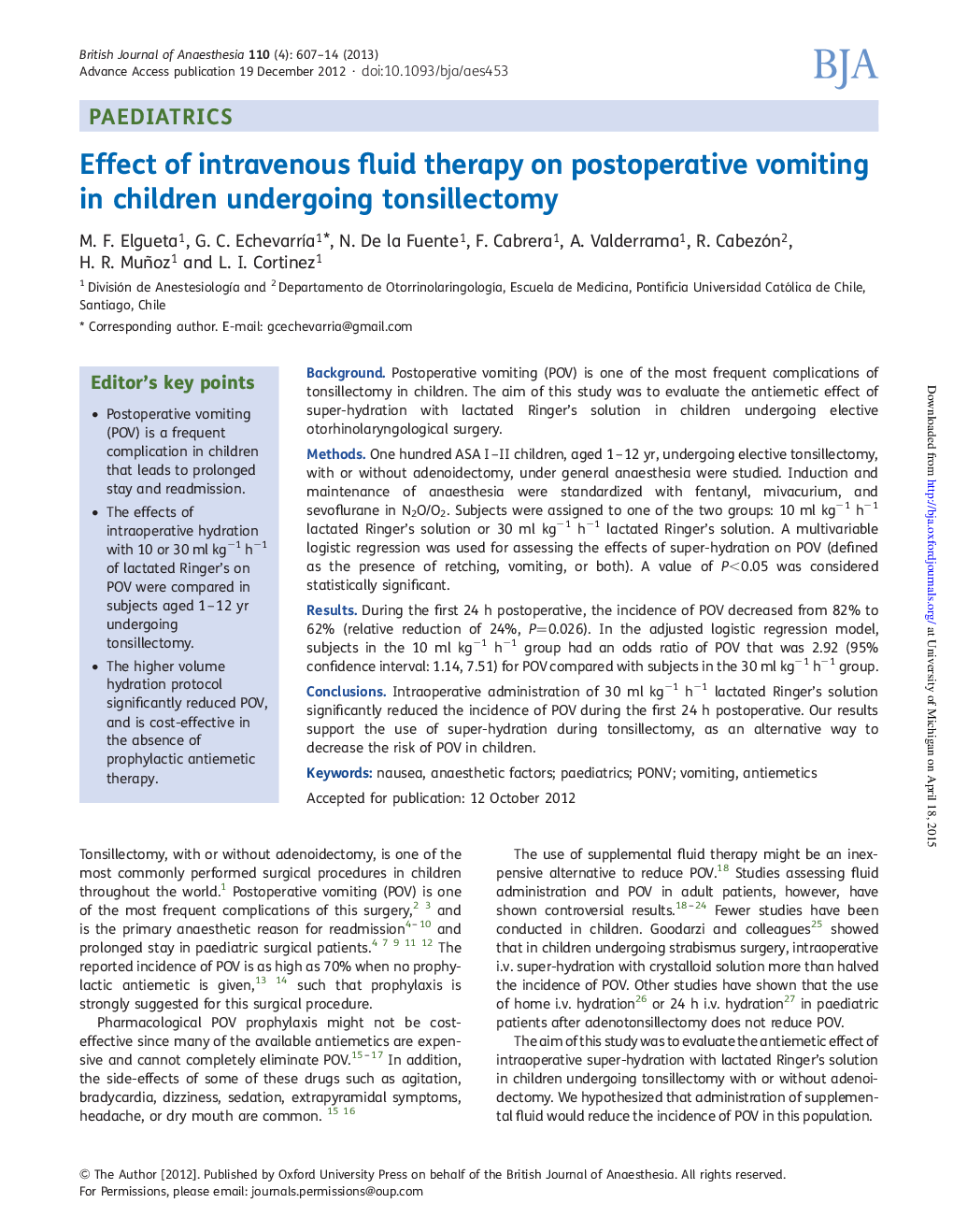 Effect of intravenous fluid therapy on postoperative vomiting in children undergoing tonsillectomy