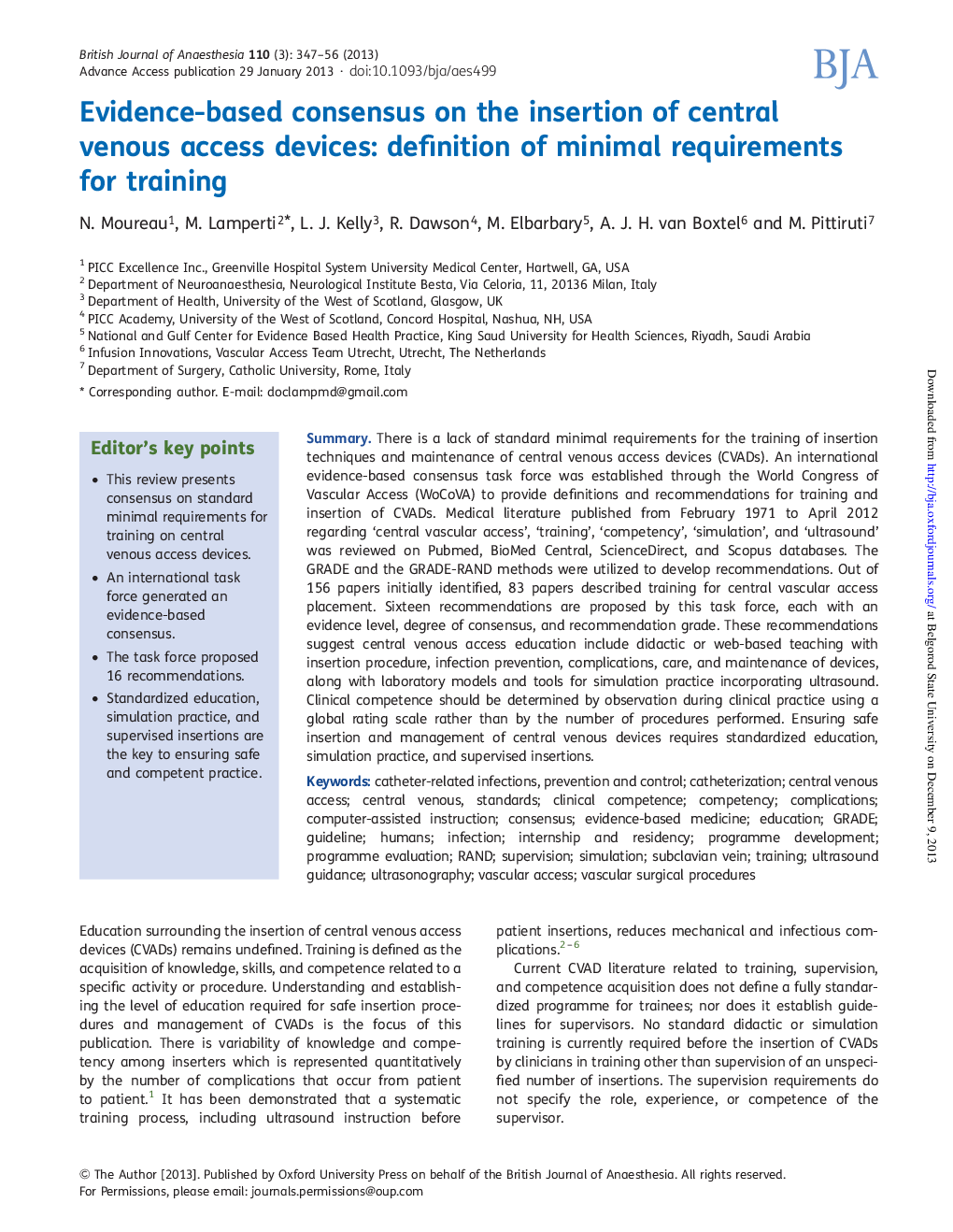 Evidence-based consensus on the insertion of central venous access devices: definition of minimal requirements for training