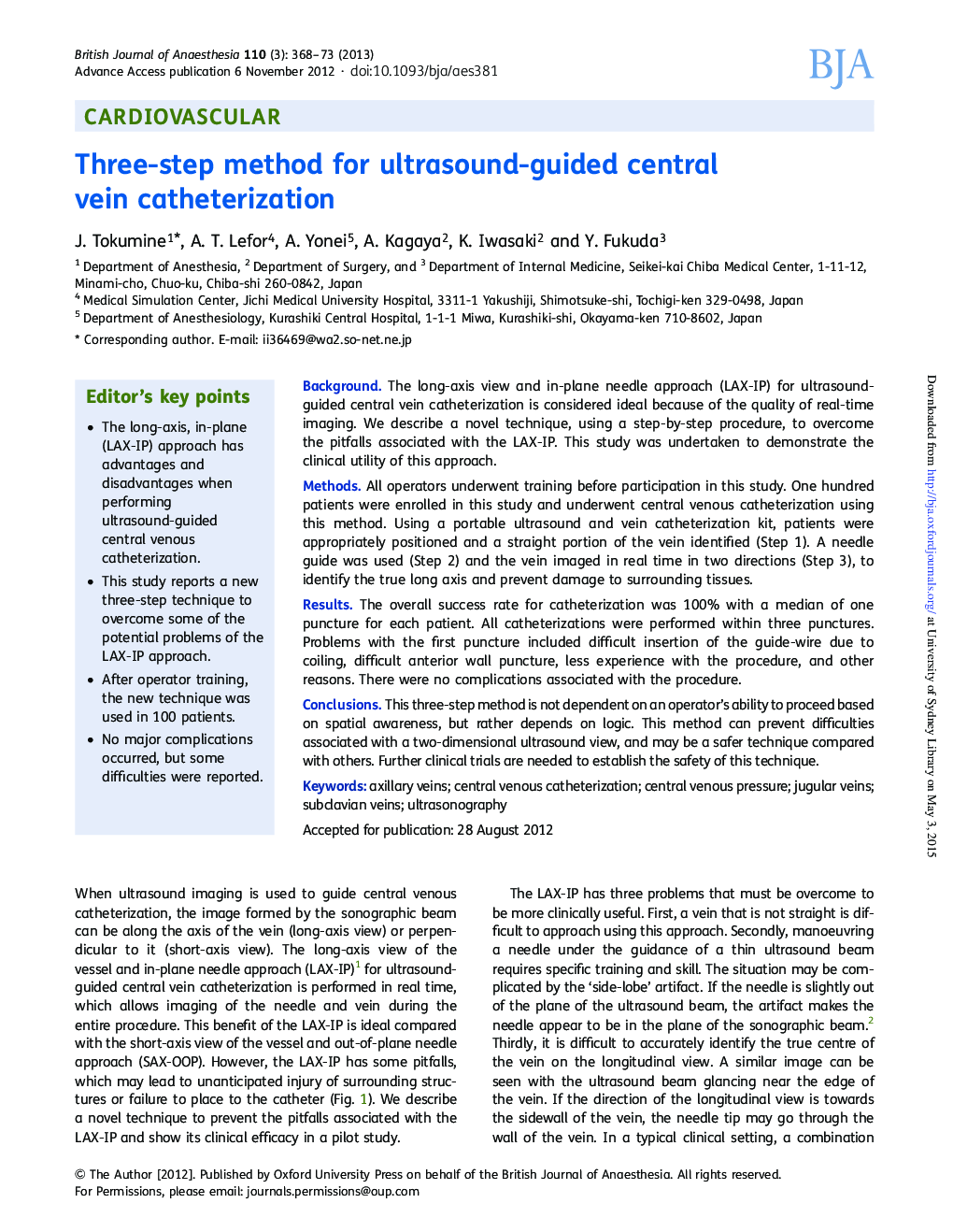 Three-step method for ultrasound-guided central vein catheterization