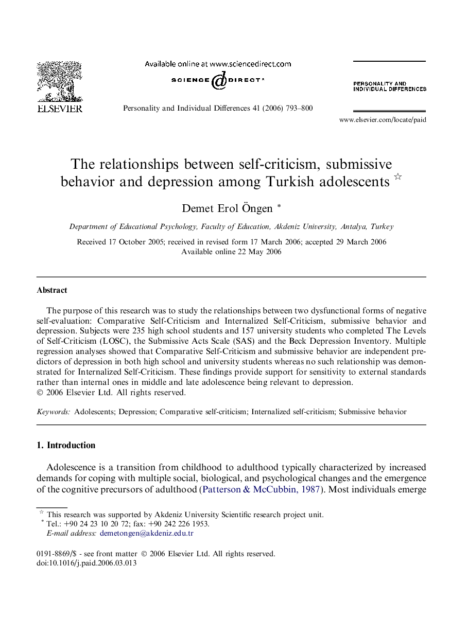 The relationships between self-criticism, submissive behavior and depression among Turkish adolescents 