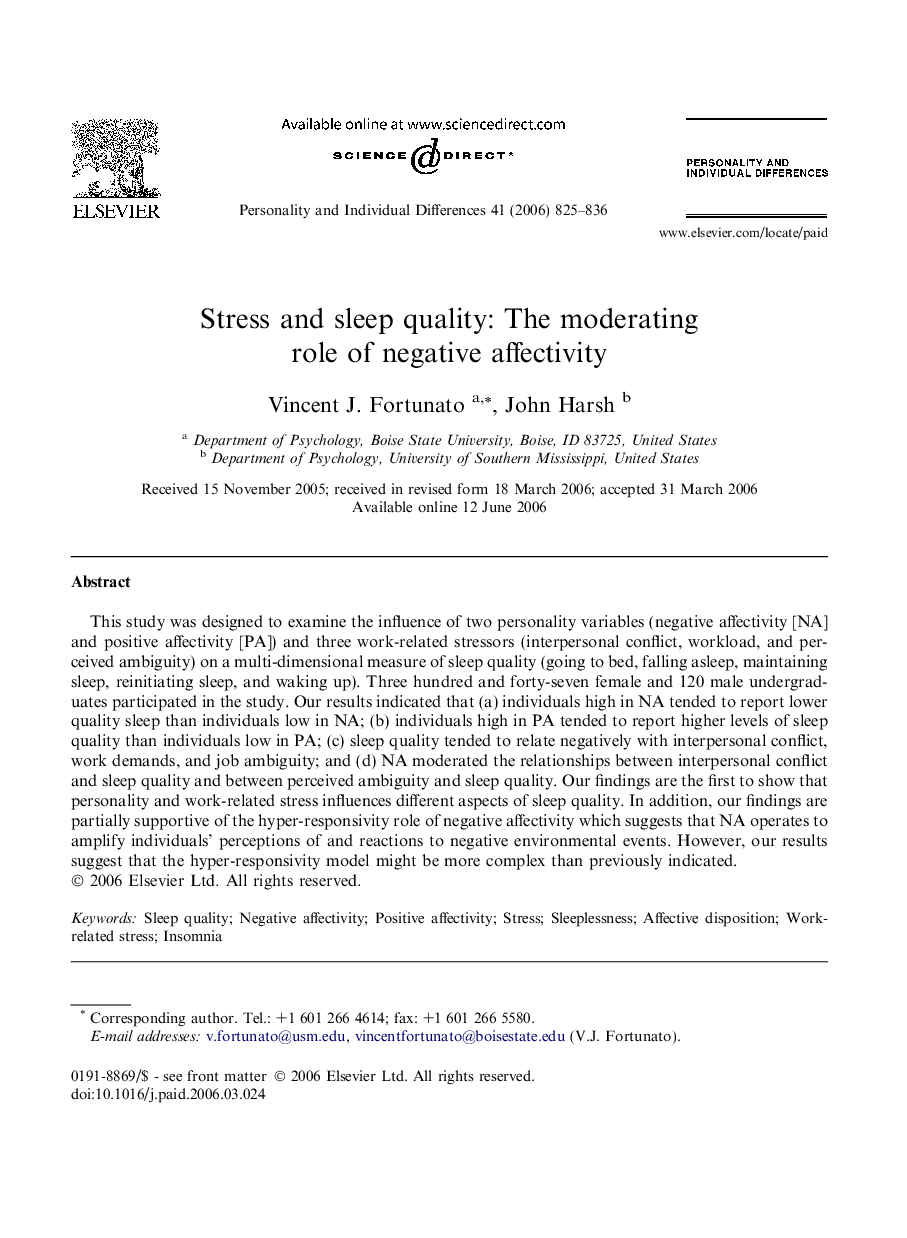 Stress and sleep quality: The moderating role of negative affectivity