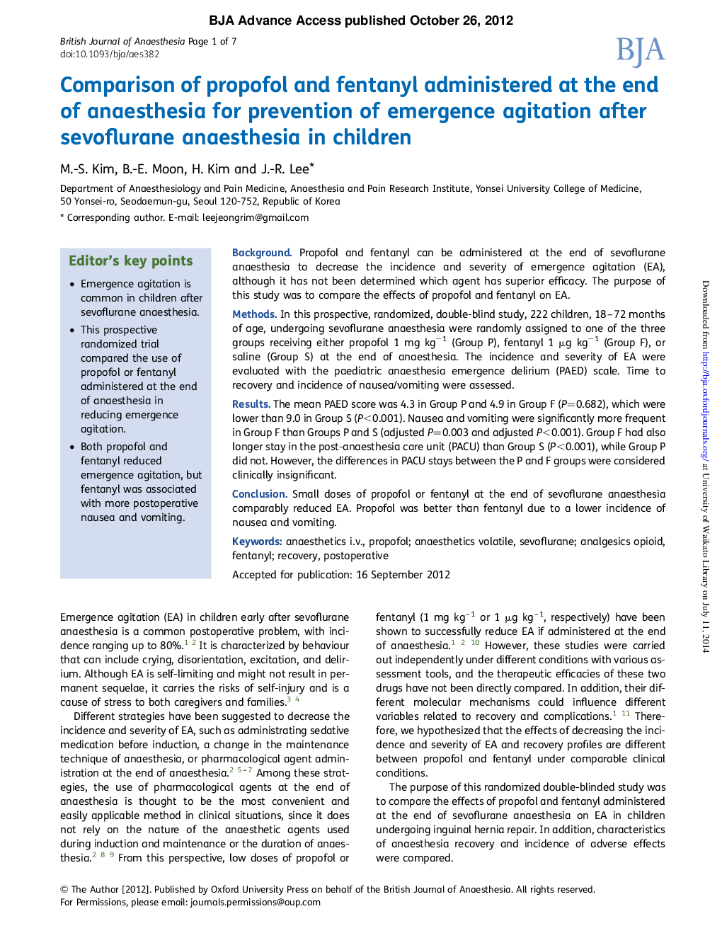 Comparison of propofol and fentanyl administered at the end of anaesthesia for prevention of emergence agitation after sevoflurane anaesthesia in children