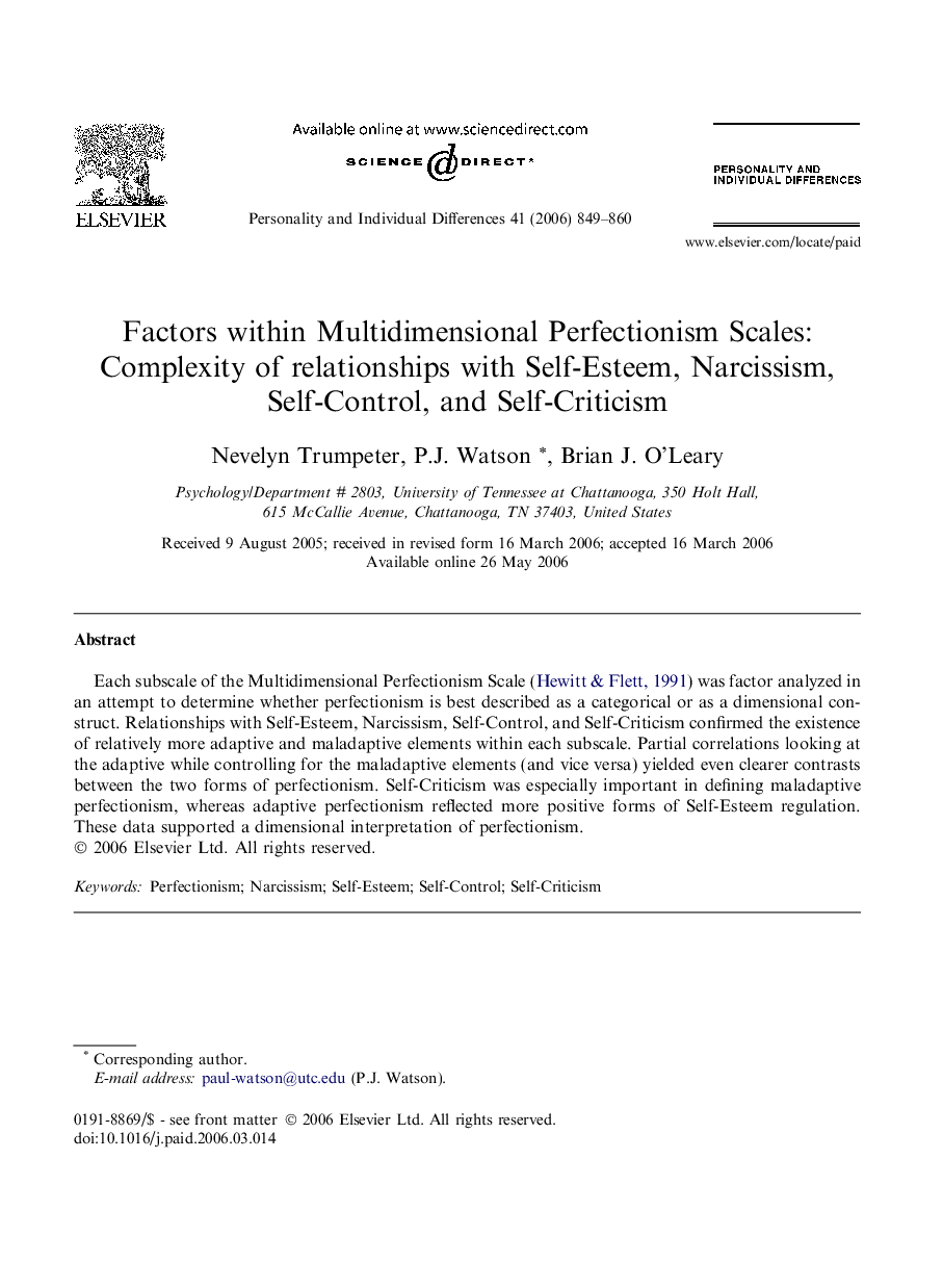 Factors within Multidimensional Perfectionism Scales: Complexity of relationships with Self-Esteem, Narcissism, Self-Control, and Self-Criticism