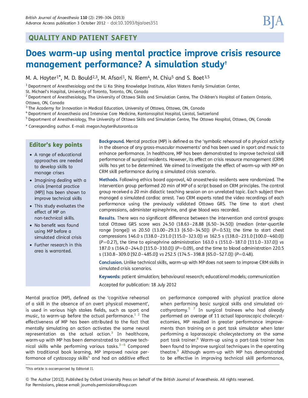 Does warm-up using mental practice improve crisis resource management performance? A simulation studyâ 