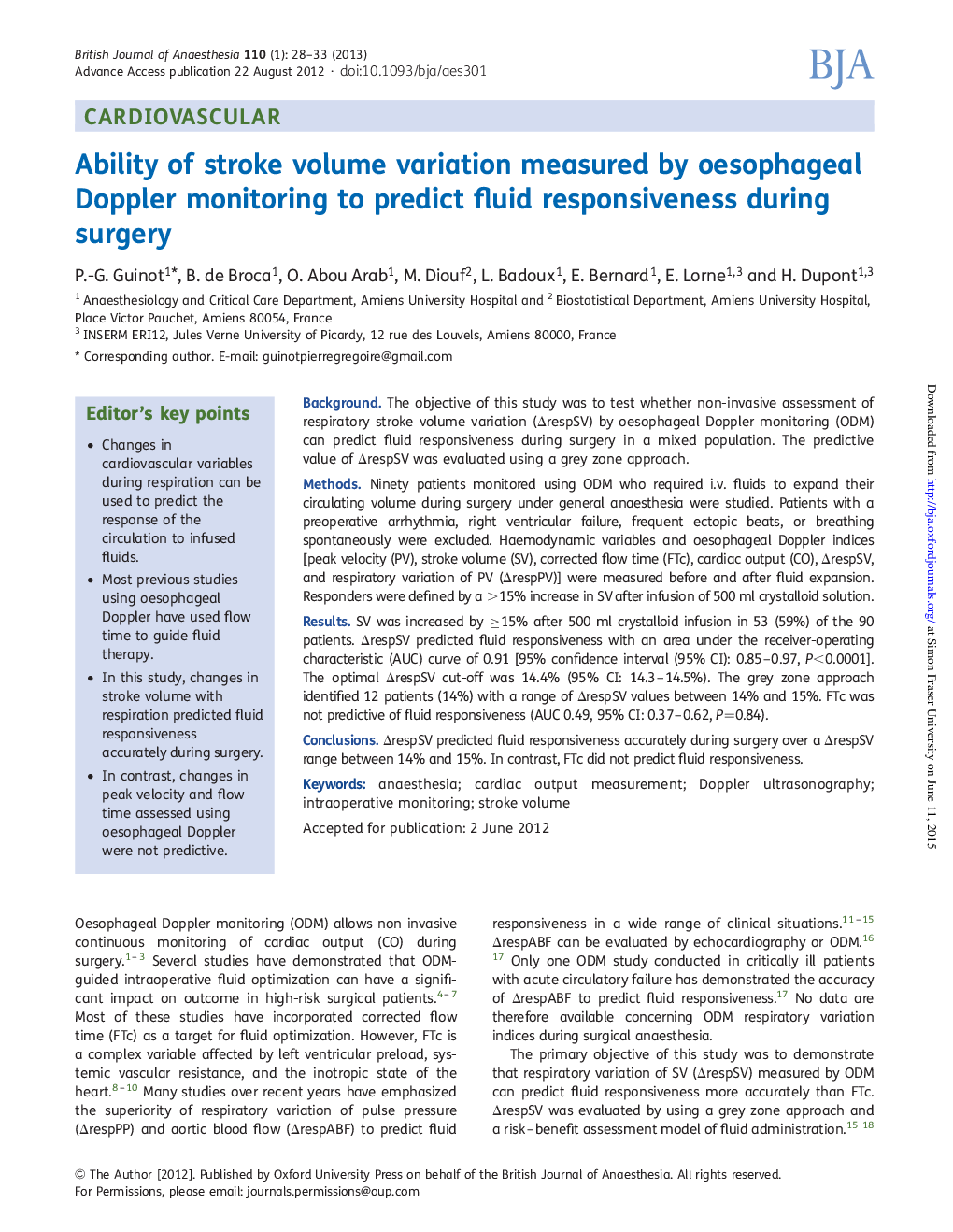 Ability of stroke volume variation measured by oesophageal Doppler monitoring to predict fluid responsiveness during surgery