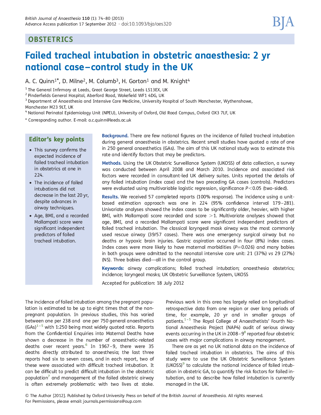 Failed tracheal intubation in obstetric anaesthesia: 2 yr national case-control study in the UK
