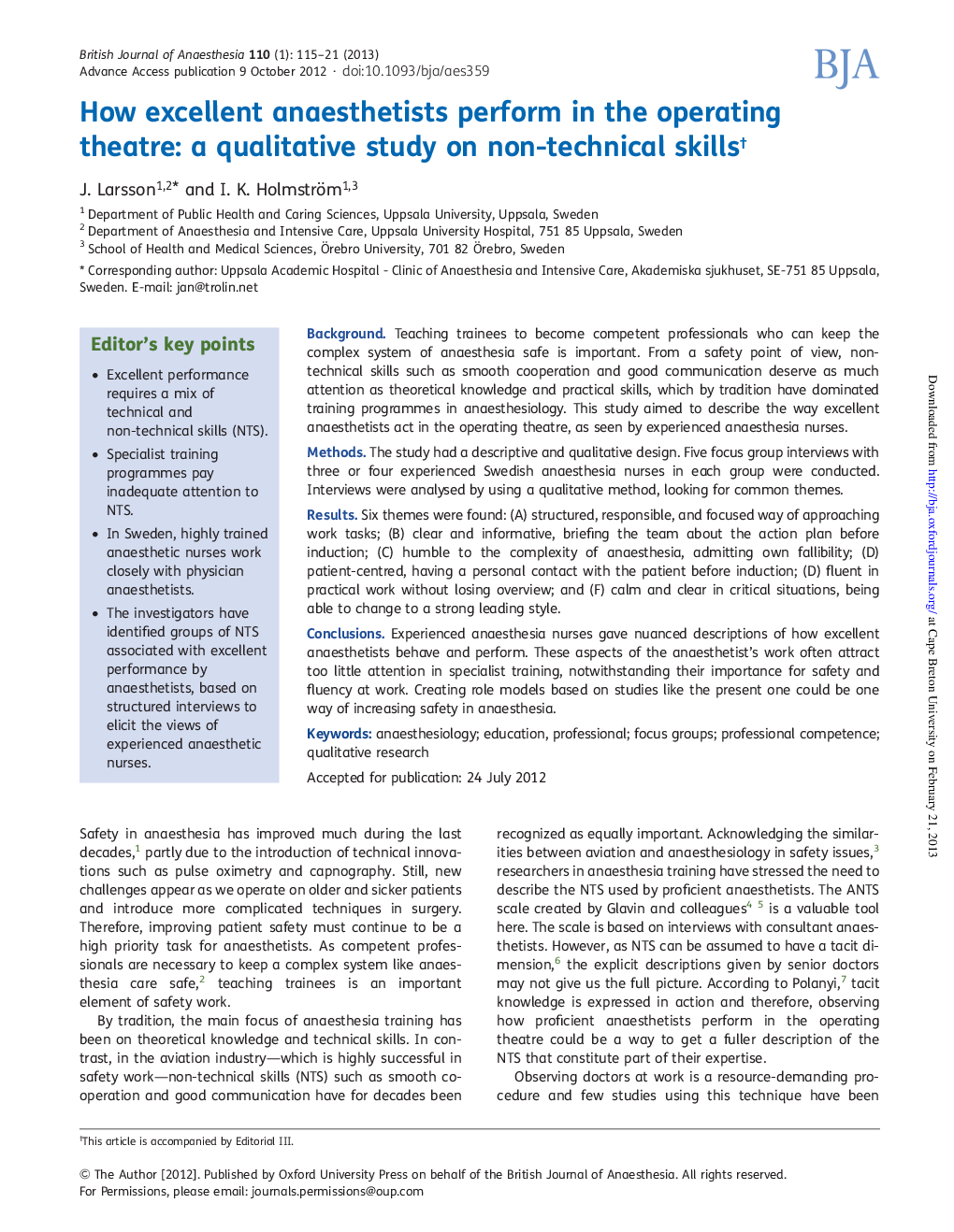 How excellent anaesthetists perform in the operating theatre: a qualitative study on non-technical skillsâ 