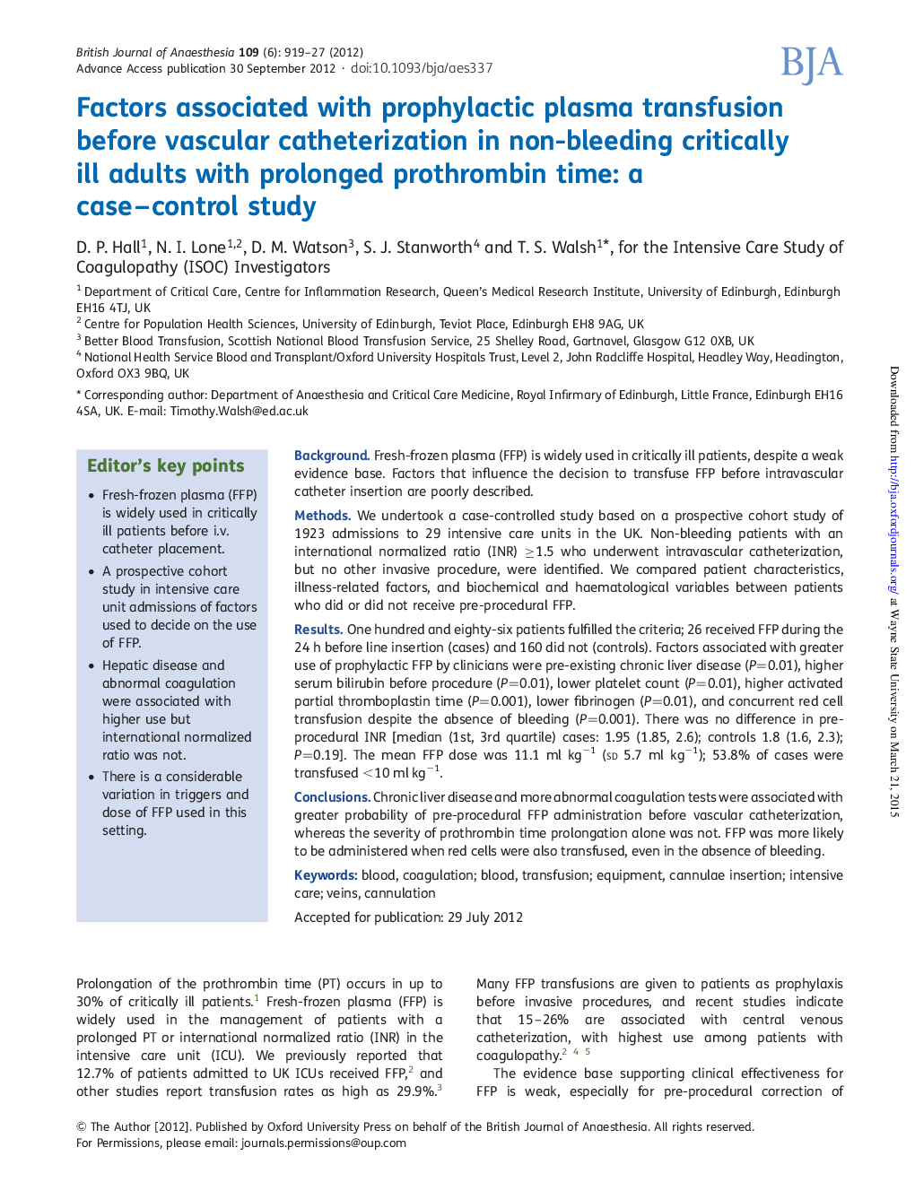 Factors associated with prophylactic plasma transfusion before vascular catheterization in non-bleeding critically ill adults with prolonged prothrombin time: a case-control study