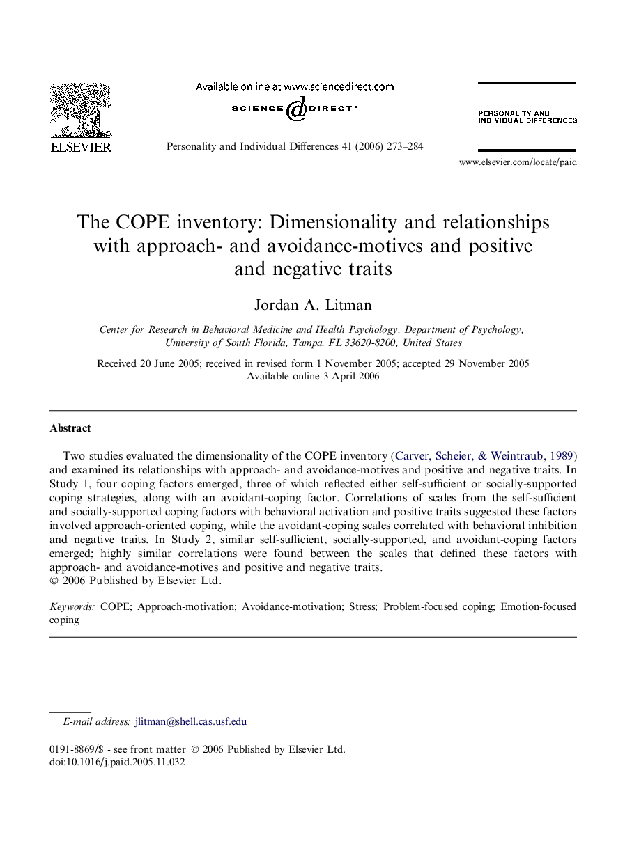 The COPE inventory: Dimensionality and relationships with approach- and avoidance-motives and positive and negative traits