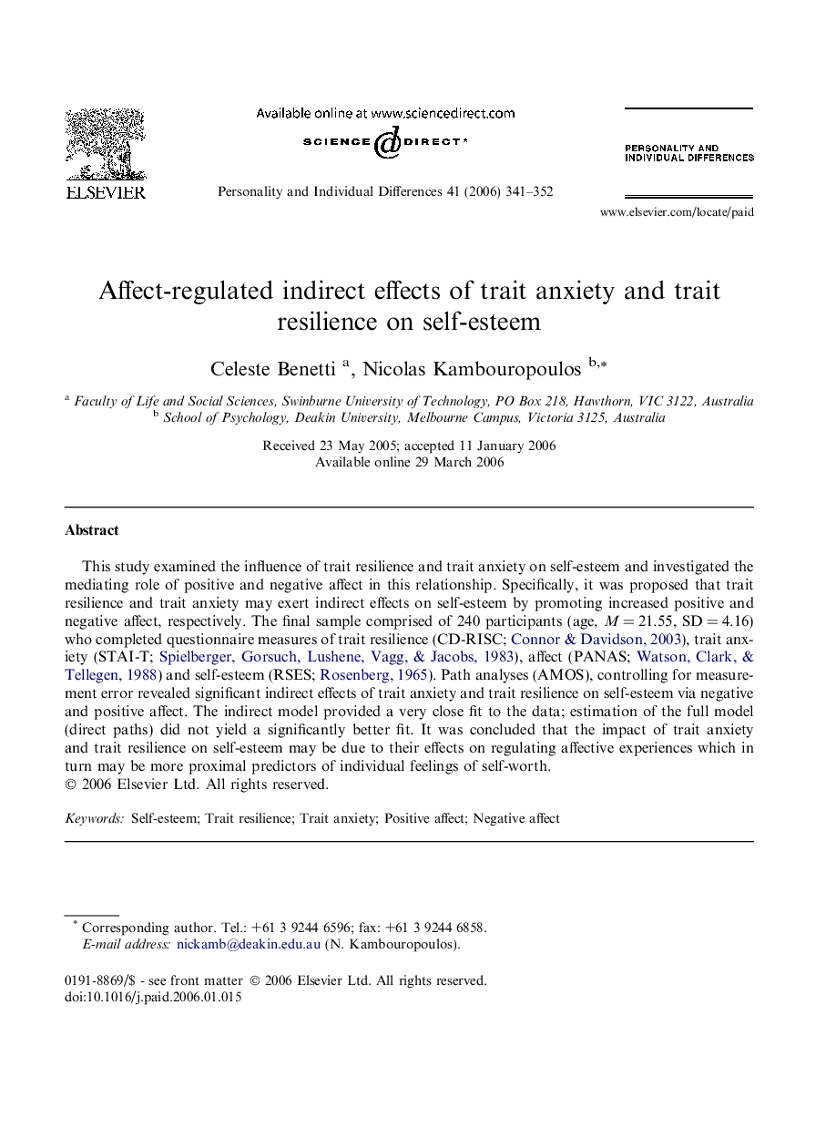 Affect-regulated indirect effects of trait anxiety and trait resilience on self-esteem